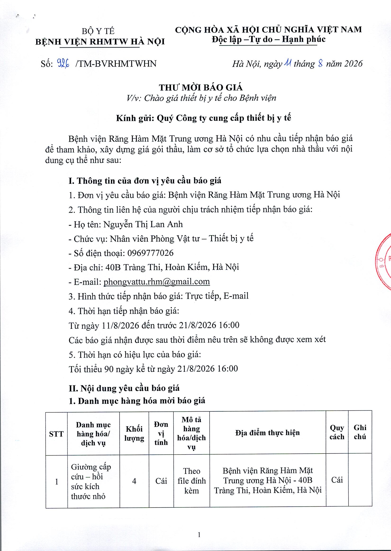 THƯ MỜI BÁO GIÁ: CHÀO  GIÁ THIẾT BỊ Y TẾ CHO BỆNH VIỆN